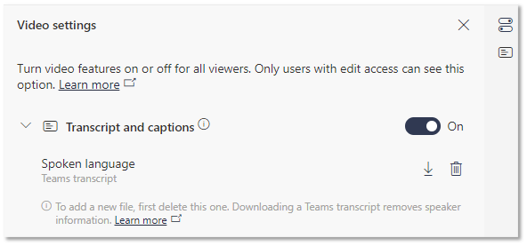 An overview of the Video Settings options. Turn on or off features for all viewers. Transcripts and captions slider. 
