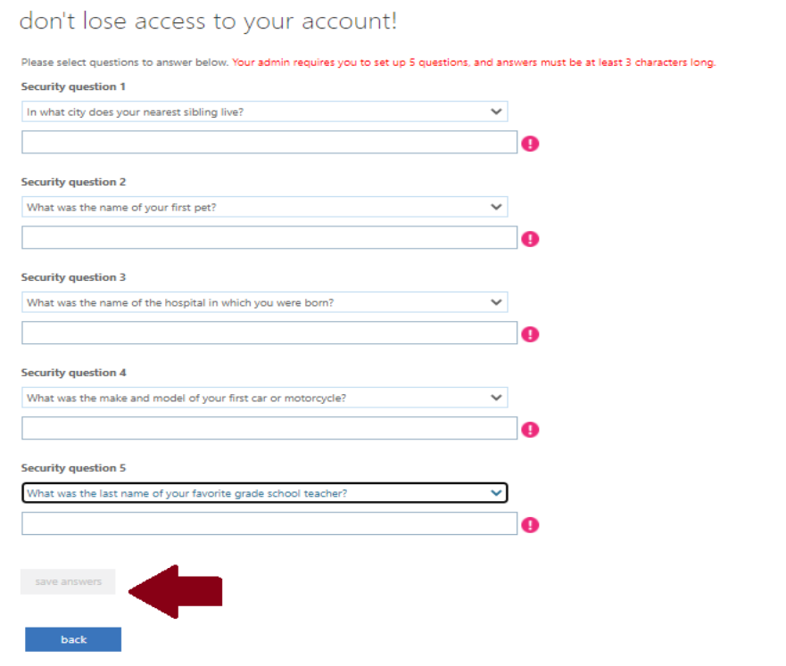 Microsoft Account Information - authentication questions